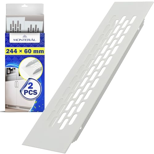 2 Pieces Air Vent Cover 244 x 60 mm - White Aluminium Ventilation Grill | for Installation in Furniture Kitchen Plinth Radiator Cupboard Wardrobe Worktop Fridge - Warranty 10 Years - MONTERAL