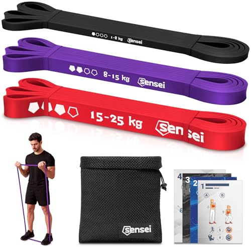 SENSEI Bande Élastique Musculation (1-25 kg) – Élastique Traction pour Rééducation – Inclus Guide, E-Book & Sac – Kit de 3