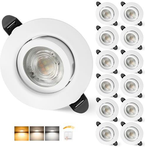 Aulaiyi LED Einbaustrahler 230V Dimmbar 68mm 5.5W IP44 LED Spot Ultra Flach | Deckenspots 45° Schwenkbar Einbauleuchten Warmweiß Neutralweiß Kaltweiß Einbauspots für Bad Wohnzimmer, Weiß 12er Set