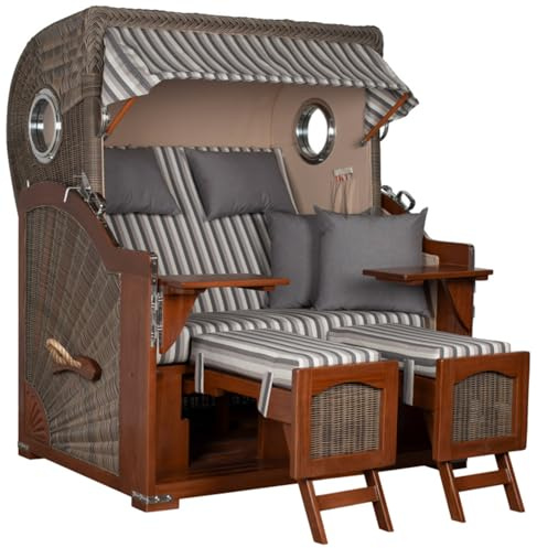 MR. DEKO Strandkorb XXL Düne Grande 2,5-Sitzer-Strandkorb | Mahagoni Holz PE-Geflecht Grey | Bullauge-Design | Volllieger wetterfest |Dessin 545 (Grau Gestreift)