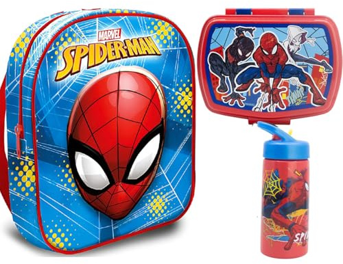 MARUKATSU Spiderman Set Mochila Infantil, Sandwichera infantil y Botella escolar - Pack Diseño Colorido | Mochila Escolar 31x25x11cm Niño Niña de 3 a 8 Años | Material Escolar Vuelta al Cole