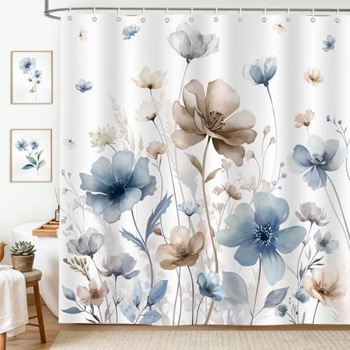 hometrixx Boho Frühling Duschvorhang Gänseblümchen Blumen 180x200 Blau Grau | Wasserdicht Polyester, Maschinenwaschbar, Badevorhänge mit 12 Ringe, Schimmelresistent Badezimmervorhang für Dusche Bad