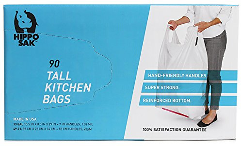 Hippo Sak - Tall Kitchen Garbage Bags with Ergonomic Handles - 13 Gallon Trash Bags - Super Strong, Patented Reinforced Bottom and Leak Proof Tall Kitchen Trash Bags - Heavy Duty Trash Bags (90 Count)