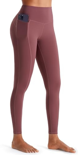 JOYSPELS Women's Gym Leggings with Pockets - High Waisted Tummy Control Full Length Yoga Pants for Workout, Running, Daily Leisure Dull Red L