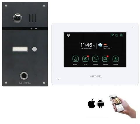 MATHFEL 4 Draht Video Fingerprint Türsprechanlage Gegensprechanlage Fischaugenkamera 170 Grad Außenstation, Größe: 1x7'' Monitor in weiß mit WLAN