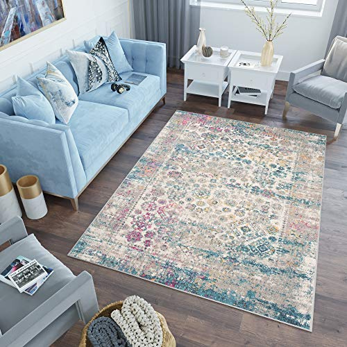 TAPISO Lazur Teppich Kurzflor Grau Blau Creme Rosa Ornament 240 x 330 cm | Klassisch Verwischt Orientalisch Wohnzimmer Schlafzimmer Modern Design OEKO-TEX