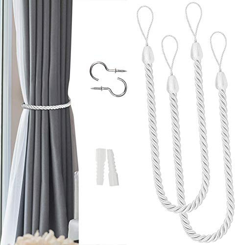 Curtain Ties backs, 1 Pair Curtain Tiebacks Ropes, Drapery Holdbacks Artistic Room Décor Handmade Natural Knitting Cotton Rope Drape Tie Backs for Sheer and Blackout Curtain Cotton Rope (White)