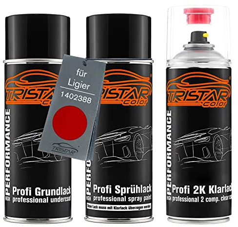 TRISTARcolor Autolack Spraydosen für Ligier 1402388 Rouge Toledo Perl +2K | Set aus Grundlack + Basislack + 2K Klarlack, Sprühdosen 400ml
