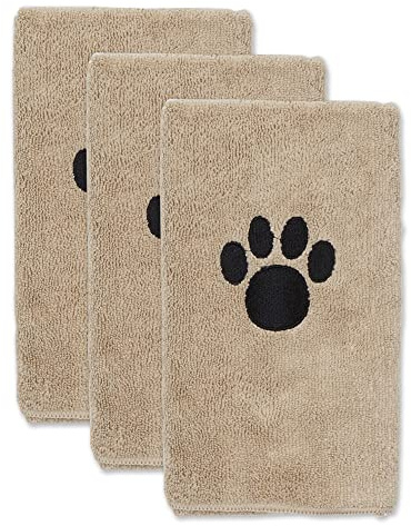 Bone Dry Pet Grooming Towel Collection Absorbent Microfiber Drying Set, 15x30, Embroidered Taupe, 3 Count