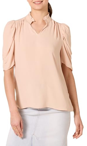 Amazon Essentials Camicetta in Tessuto Georgette Leggero con Scollo con Volant e Mezze Maniche Donna