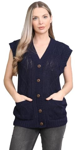 janisramone® Button up Sleeveless Cardigans for Women, V Neck Cable Knitted Vest with Front Pockets, Comfortable Warm 5 Button Ladies Cardigan Navy