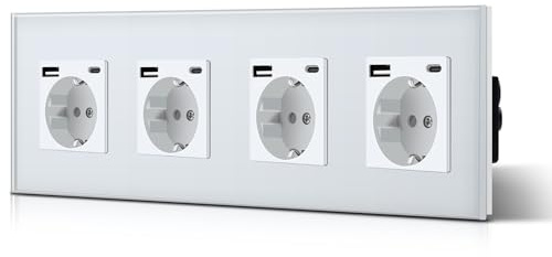 BSEED 4 Set Schuko Wand Steckdose mit USB & Typ C Glas 3 in 1 Unterputz Steckdosen 4 Weg mit 2.1 A USB Ladeleistung und Typ C Adapter Aufladestation Verlängerungssteckdosen 299mm Weiß