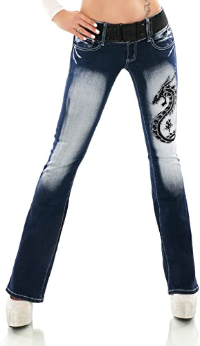 Dam, bootcut jeans, byxor, utsvängda jeans, olika broderi, tatuering, drake, bukett, bokstäver inkl. Bälte XS–XXL, 40