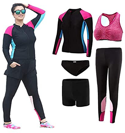 Neoprenanzug Damen Übergröße 4XL-5XL Neoprenanzug 5-teilige Badebekleidung Farbblock-Badeanzug mit Reißverschluss Shorty-Anzug zum Schnorcheln, Tauchen und Anderen Wasseraktivitäten,Pink,4XL