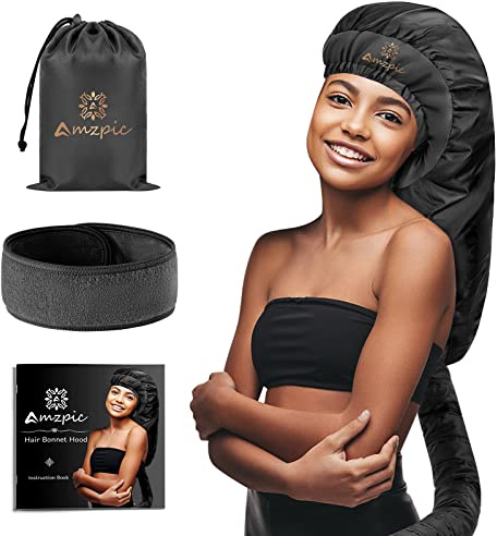 Bonnet Hair Dryer Attachment - Bonnet Hood Dryer with Headband that Reduces Heat Around Ears and Neck, Use for Hair Styling, Hair Drying, Curling and Deep Conditioning (Extended Version, Black)