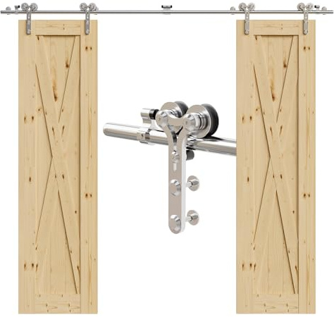 Schiebetürbeschlag Edelstahl Doppeltür 305cm Schiebetüren Schiebetürsystem Komplettset Laufschiene Rollen Set für 2 Holztür 76cm Breit, Y Form