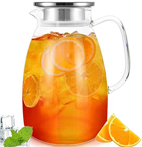 Bunhut Jarra de vidrio con tapa, jarra de agua de 68 onzas para bebidas frías y calientes, jarra de agua de vidrio con mango aislado, tarro de agua de vidrio grande hecho de vidrio de borosilicato