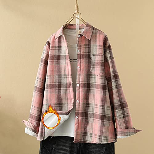 AVSMGP Donna Camicia a Quadri in Flanella Classico Blusa 100% Cotone Maniche Lunghe Camicetta in Base Top Casual 2022,Rosa,XL