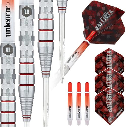 Unicorn Darts Set | Ballista Style 3 | 90% natürliche Wolfram Barrels mit roten Akzenten & Volute Points | Stahlspitze | 23g