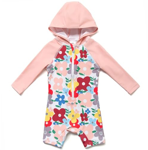BONVERANO Traje baño bebé protección Solar UPF 50+ Cierre Cremallera con Capucha (Flores, 6-9 Meses)