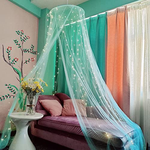 Eimilaly Dosel de Cama Mosquitera con 250pcs Luces de Cortina de Colores, Dosel de Cama para Decoración de Habitación de Niñas o Fiesta Temática, Green/Warm White Lights