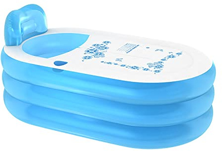 ROMOZ Baignoire Gonflable pour Adultes Baignoire Spa Pliable PVC,Baignoire Gonflable pour Voyage,Baignoire Pliable pour Adultes et Enfants avec Pompe à air au Pied Blue,1.3m