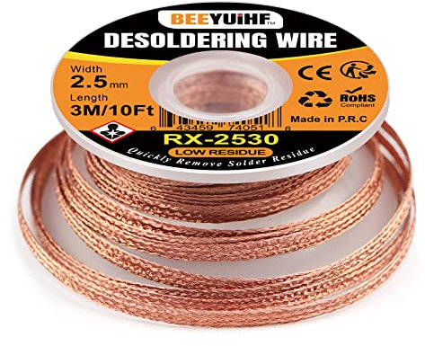 BEEYUIHF Entlötlitze, 3M/10ft Entlötdraht, 2.5mm No-Clean Löt Entlötlitze, Dochte Litzen zum Entlöten, Entlötdocht zum Entfernen des Lötzinns zum Zerlegen elektrischer Komponenten (1 Stück)