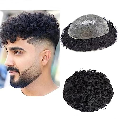 Mens Toupee For Men 20mm Curly wave 100%Human Hair Mens Toupee 8X10 Hair Pieces Wavy Kinky Hair System Hairpiece For Men Full Pu Men Toupee Replacement System (20mm Curly wave-1B# Natural Black)