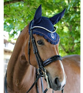 EQUILYX® Fliegenohren für Pferde aus hochwertigem Satin, ergonomische Passform, optimale Luftzirkulation (Warmblut, Navy)