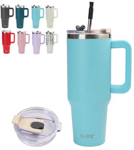 SUNTQ 1180ml/40oz Tumbler mit Griff, Doppelwandige Vakuum Isolierte Wasserflasche mit Stroh und Deckel, Edelstahl Reise Kaffeebecher, Thermische Tasse für Getränke, Fit in Becherhalter(Hellblau)