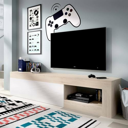 Dmora - Averau Meuble TV, Buffet Bas pour Salon, Buffet de Salon pour télévision, 204x42h48 cm, Chêne et Blanc