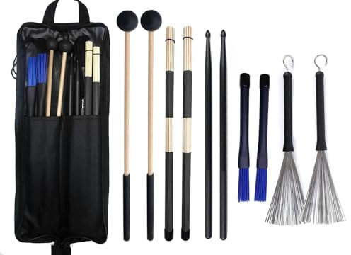 TUOREN Drumstick Bag with Floor Tom Hooks Includ 5 Pairs Drum Sticks Mallets Brushes Set Percussion Instrument Accessories for Beginners Drummer Practice Black