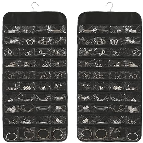 Hängande smyckesorganisatör, garderob, smyckesförvaring, dubbelsidig med 80 fickor och metallkrok, dubbelsidig smyckeshållare för tillbehör, ring, örhängen, halsband, armband, 86 x 43 cm, svart