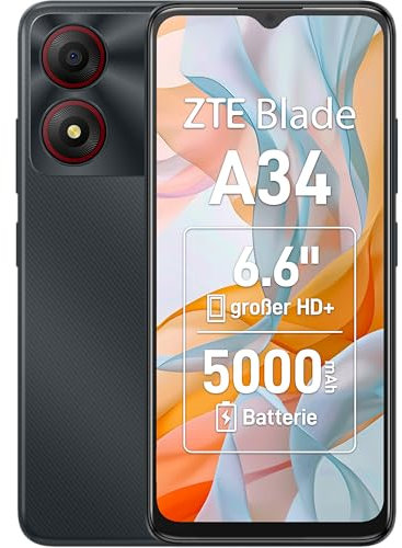 ZTE Smartphone Blade A34 (16,6 Zoll HD Display, 4G LTE, 2GB RAM und 64GB interner Speicher, 5MP Hauptkamera, 2MP Frontkamera, Dual-SIM, Android T GO) grau