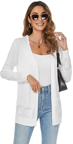 Famrrifuu Gilet Femme Cardigan Long été Coton Manches Longues Veste Tricot Léger Ouverte Devant Elegant Gilets,Blanc,XXL