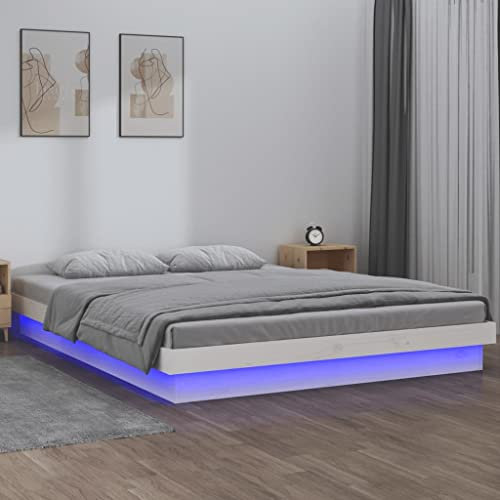 SECOLI Massivholzbett 180 x 200 cm mit LED und Lattenrost, Weiß Polsterbett, Jugendbett, Doppelbett, Schlafzimmerbett