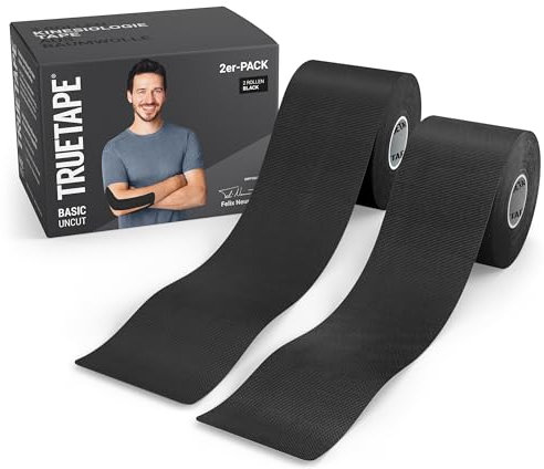 TRUETAPE® Kinesiotape – BASIC Uncut Duo – 2x Rollen (5 m x 5 cm) ungeschnitten – Wasserfestes & Elastisches Kinesiologie Tape – Physiotape mit starker Klebekraft für Alltag & Sport – 2 x Schwarz