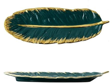 Plateau créatif en céramique avec bord doré - Assiette à dîner en forme de feuille de bananier - Plats de rangement tendance