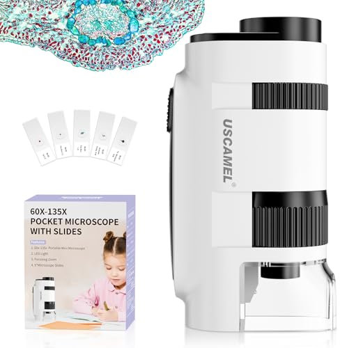 USCAMEL Taschenmikroskop für Kinder und Erwachsene - 60x-135x Mini-Mikroskop, Tragbares Handmikroskop mit 5 Mikroskop-Objektträgern, Perfekt für Mikrobiologische Beobachtungen