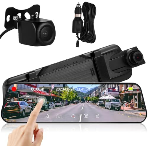ULTECHNOVO Caméra de Tableau de Bord Et Arrière 10 1 Pouces Plein Écran avec Rétroviseur Tactile Double Enregistrement pour Voiture Caméra de Recul