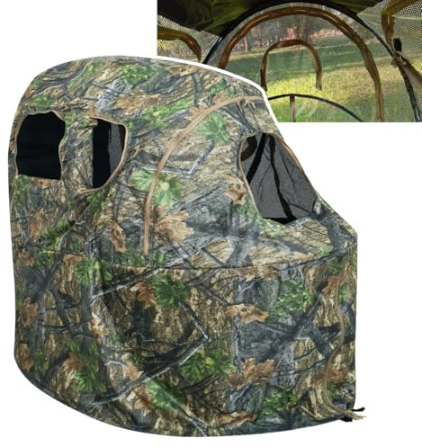 Auscamotek See-Through Hunting Ground Blind with Built-in Chair for Deer Hunting - 1 Person Pop-Up Camouflage Tent