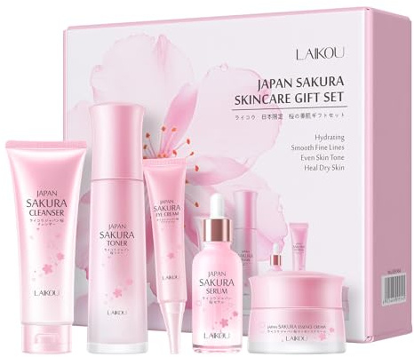LAIKOU Sakura Skincare Set, 5Pcs Luxury Glass Bottle Face Care Kit