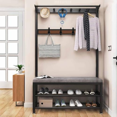 DCLINAD 4-in-1 Design Garderobenständer Metall Schuhregal Für Den Eingangsbereich Garderobenständer Mit Sitzbank Mit 10 Haken Und Schuhregal, Garderobe Flurregal Für Flur,Schlafzimmer,Wohnzimmer