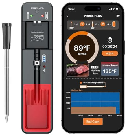 Fiorky Termometro for Carne Wireless Intelligente a Lungo Raggio da 110 m Termometro for Carne Senza Fili Bluetooth Termometro for Barbecue con Base Autonoma for Girarrosto, Cucina