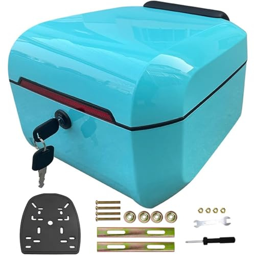 Motorcycle Top Case,Motorcycle Trunk, 28L Scooter Trunk Motorcycle Tail Box, Waterproof Lockable Motorcycle Top Box Storage Plastic Case, Motorcycle Luggage Case with Mounting Hardware,(Light blue)