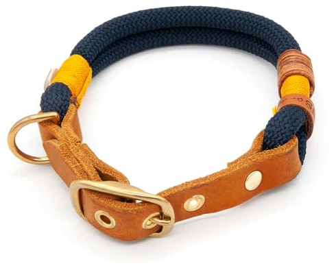 Hundehalsband aus Tau & edlem Leder | Midnight Sunburst | verstellbar & robust | Elegantes, handgefertigtes Design | Halsband Hund für mittelgroße & große Hunde mit Schnalle – blau