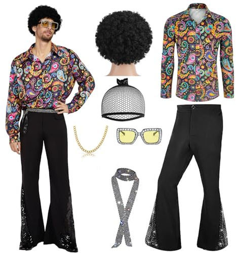 minkasic Costume disco des années 70 - Style hippie - Pour homme - Avec pantalon évasé, chemise - Pour carnaval, fête d'Halloween des années 50, 60, 70 (violet, XL)