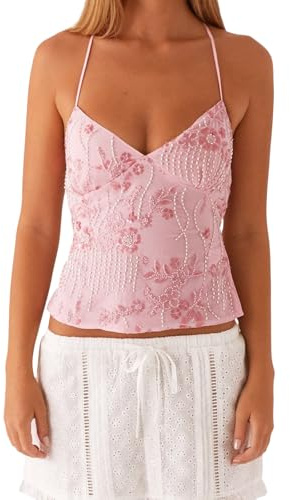 LYSINK Damen Trendiges Pailletten-Shirt mit V-Ausschnitt, ärmelloses Oberteil mit Blumenmuster, Sommer-Crop-Tank-Tops, Sommer-Camisole, 01Pink, S