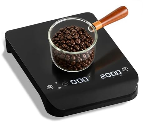 0,1g/3kg Wiederaufladbare Kaffeewaage mit 3 Zeitmessmodi und Touch-Taste | Espresso Waage mit 2 Wiegeeinheiten, Tara-Funktion und Akku für Kaffee, Digitale Küchenwaage mit automatischer Zeitmessung