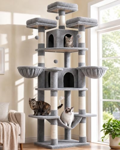 Globlazer F80 Kratzbaum XXL mit Hängematte 204cm für 2/3/4 Katze Kätzchen | Katzenbaum mit 3 Sitzstangen, Katzenhäuse, Einfach zu montieren Katzenschloss für Wohnzimmer, Schlafzimmer, Studio